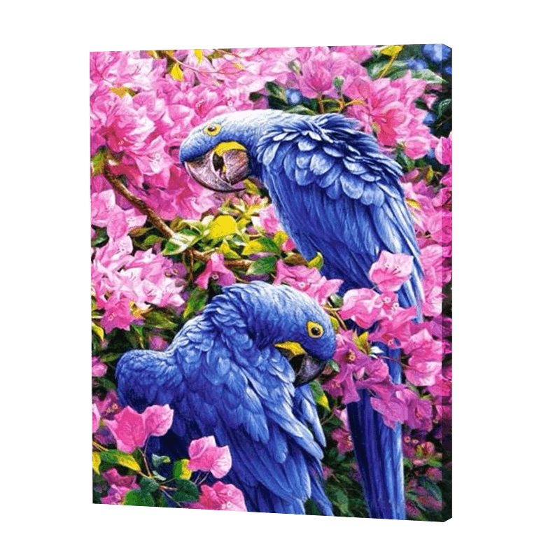 Blauwe Papegaaien In Bloemen| Diamond Painting
