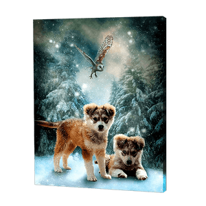 Puppy'S In Een Besneeuwde Nacht| Diamond Painting